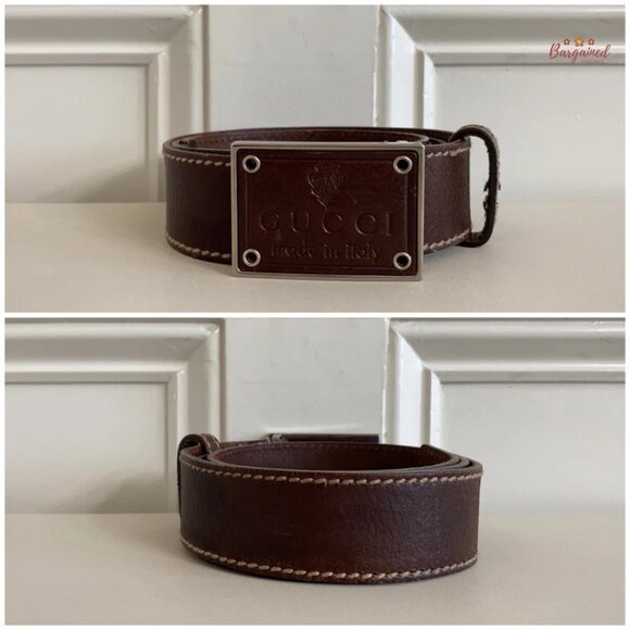 Authentic Gucci Brown Leather Crest Logo Plaque Men's Buckle Belt Size 90/36 - Picture 3 of 13